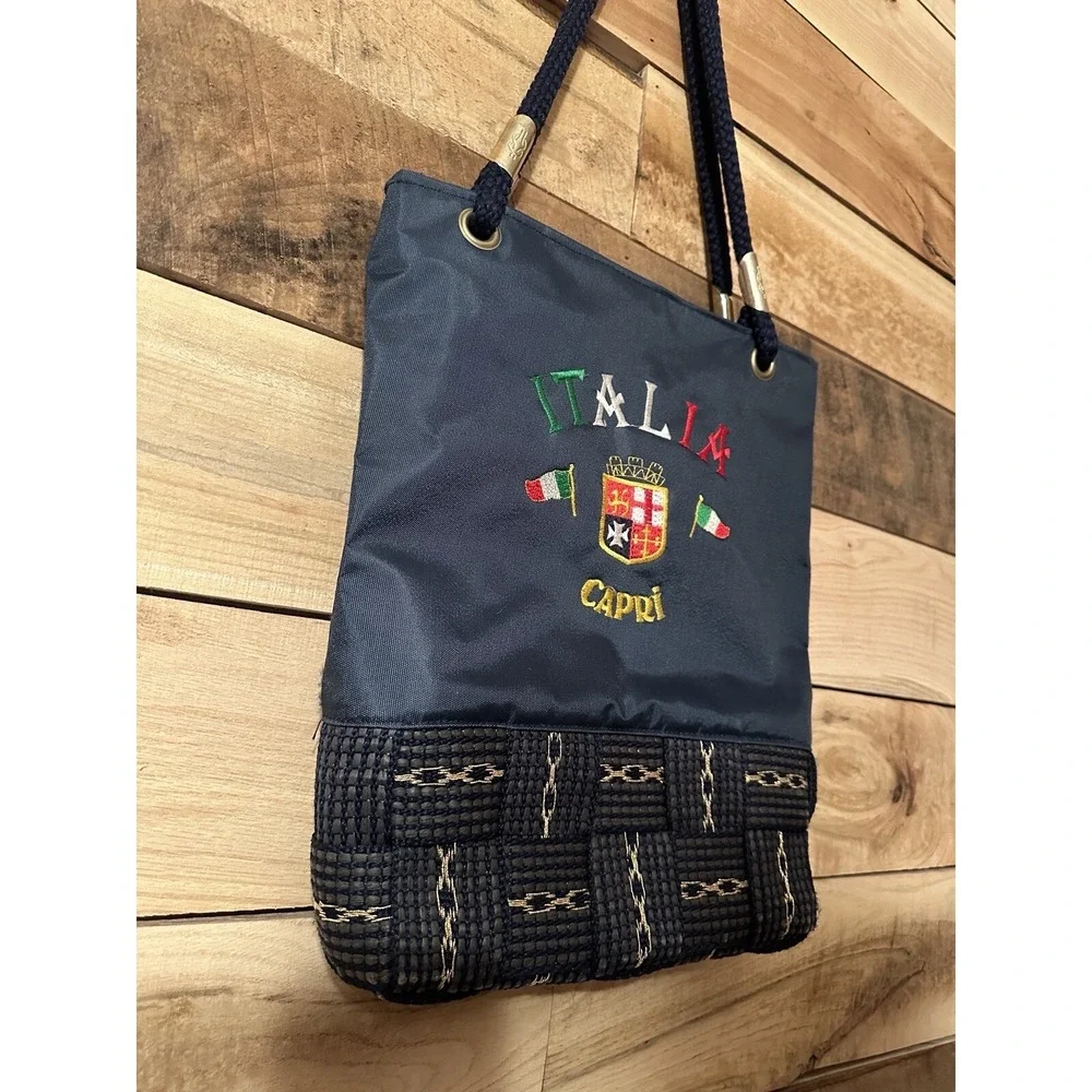Vintage Italia Capri Navy Blue Nylon Women's Tote Handbag Embroidered Nautical